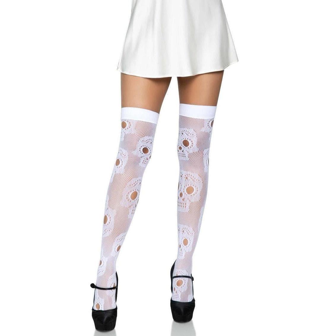 Leg Avenue Sugar Skull Net Thigh Highs White - Romantic Blessings