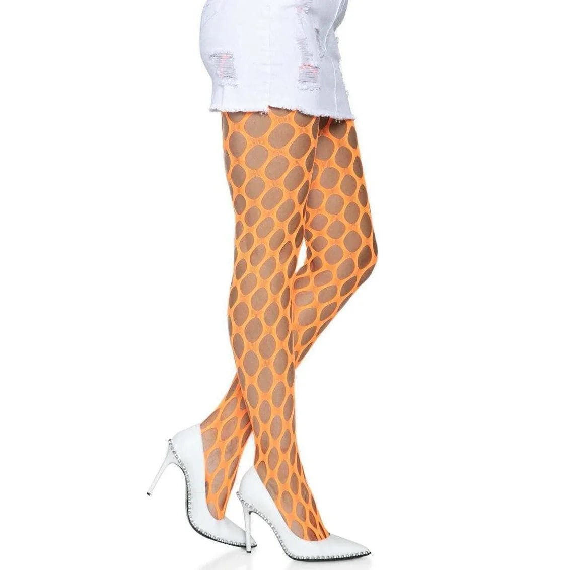 Leg Avenue Jumbo Pothole Net Tights Neon Orange - Romantic Blessings