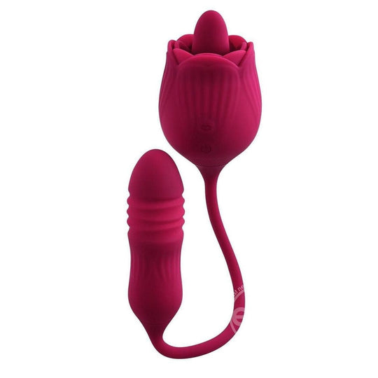 Evolved Wild Rose Rechargeable Dual-Ended Silicone Thrusting Egg & Flicking Tongue Vibrator Red - Romantic Blessings