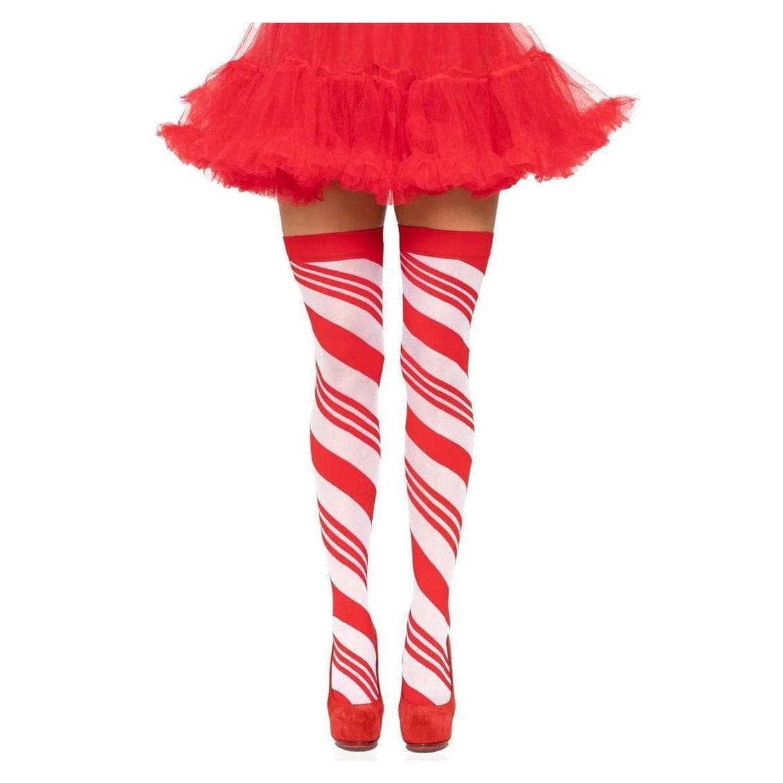 Leg Avenue Spandex Sheer Candy Cane Striped Thigh Highs One Size Red/White - Romantic Blessings