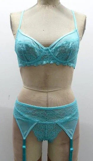 Escante Lace & Mesh 3 Piece Underwire Bra, Garterbelt & G-String Malibu Blue