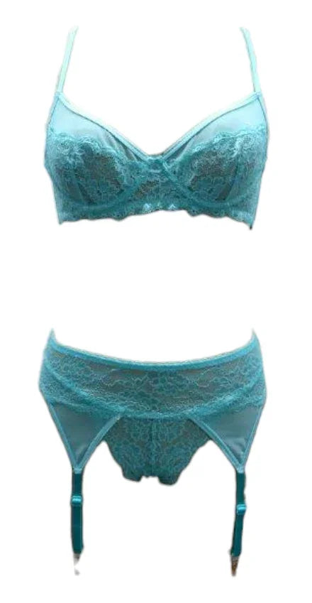 Escante Lace & Mesh 3 Piece Underwire Bra, Garterbelt & G-String Malibu Blue