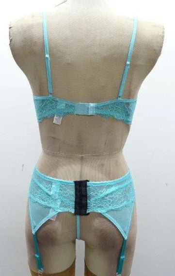 Escante Lace & Mesh 3 Piece Underwire Bra, Garterbelt & G-String Malibu Blue
