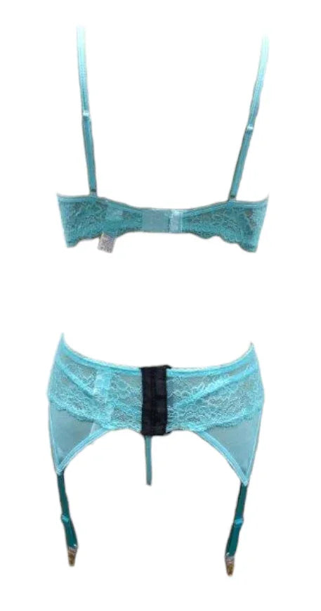 Escante Lace & Mesh 3 Piece Underwire Bra, Garterbelt & G-String Malibu Blue