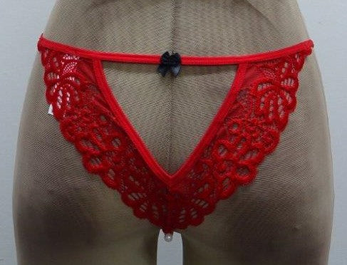Escante Pearl Crotch Bikini Rear Cutout Thong Red/Black