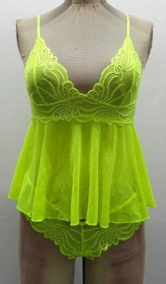 Escante Neon Lace & Mesh Shorty Babydoll with Matching G-String Neon Yellow