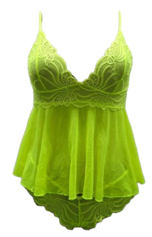 Escante Neon Lace & Mesh Shorty Babydoll with Matching G-String Neon Yellow