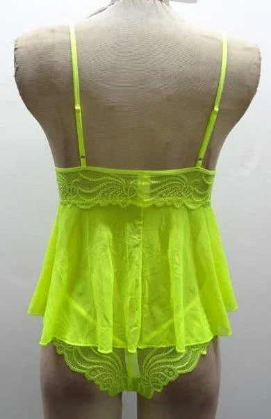 Escante Neon Lace & Mesh Shorty Babydoll with Matching G-String Neon Yellow