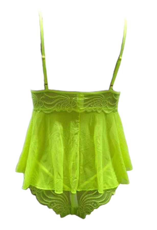 Escante Neon Lace & Mesh Shorty Babydoll with Matching G-String Neon Yellow