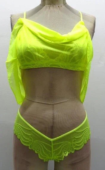 Escante Neon Lace & Mesh Shorty Babydoll with Matching G-String Neon Yellow