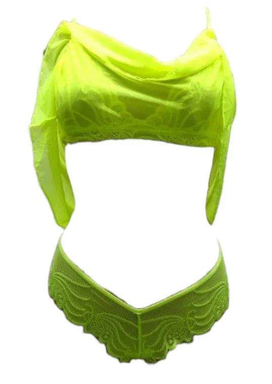 Escante Neon Lace & Mesh Shorty Babydoll with Matching G-String Neon Yellow