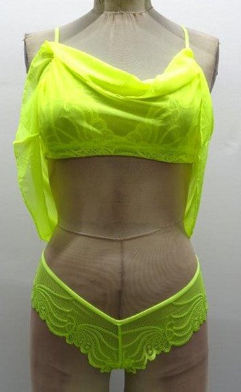 Escante Neon Lace & Mesh Shorty Babydoll with Matching G-String Neon Yellow