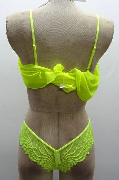 Escante Neon Lace & Mesh Shorty Babydoll with Matching G-String Neon Yellow