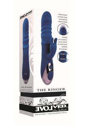 The Ringer Rechargeable Silicone Thrusting Dual Motor Rabbit Vibrator Blue