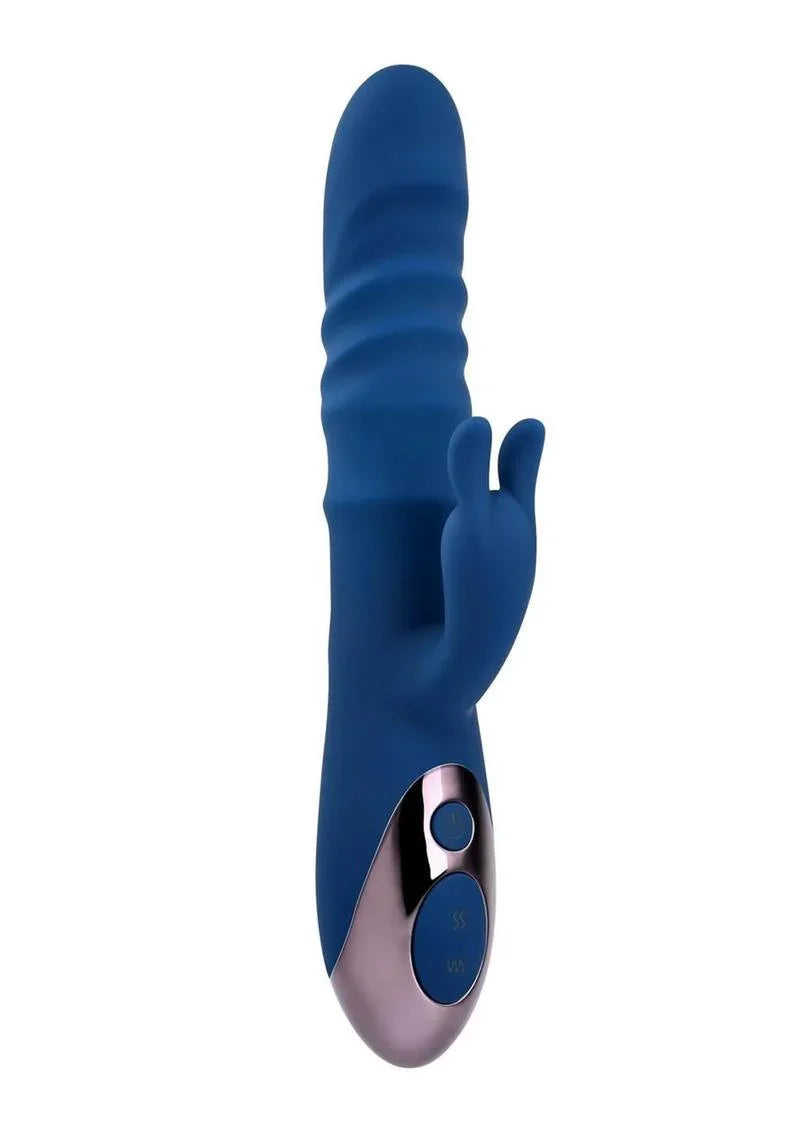 The Ringer Rechargeable Silicone Thrusting Dual Motor Rabbit Vibrator Blue