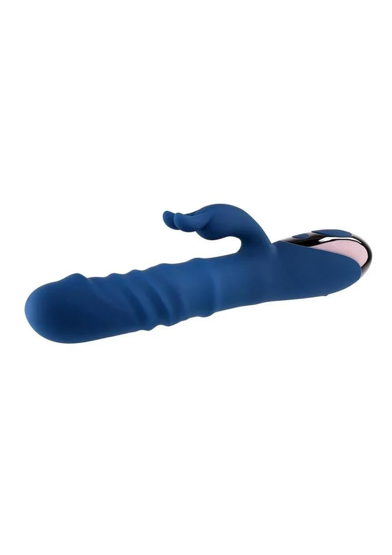 The Ringer Rechargeable Silicone Thrusting Dual Motor Rabbit Vibrator Blue