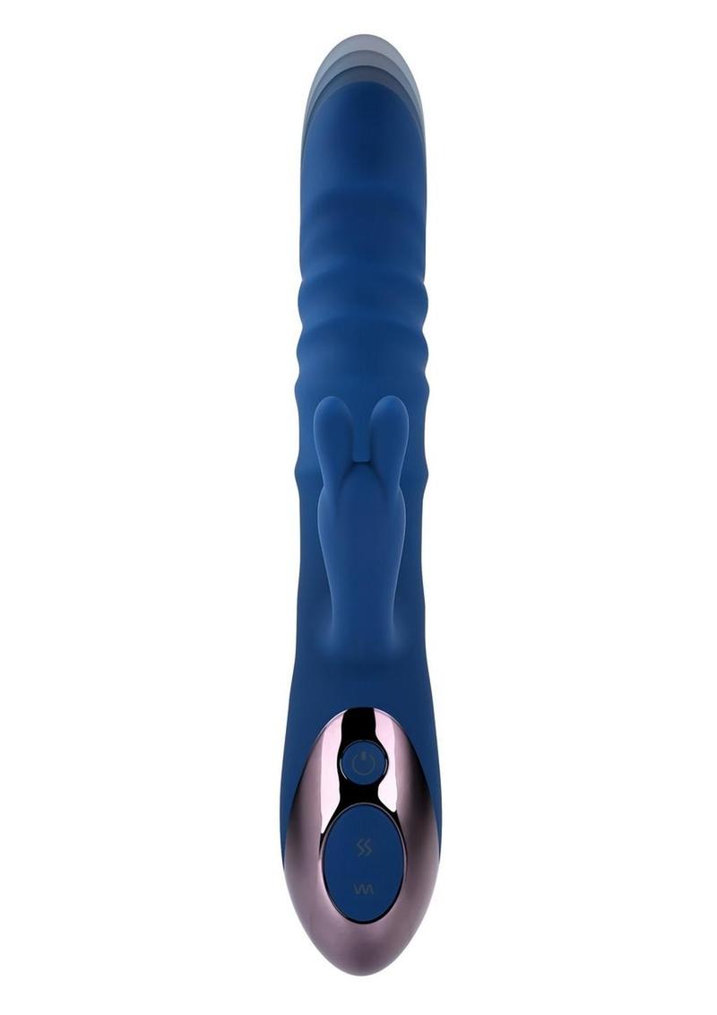 The Ringer Rechargeable Silicone Thrusting Dual Motor Rabbit Vibrator Blue