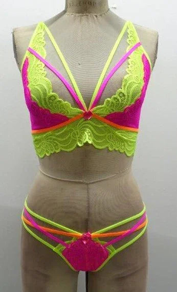 Escante Festival Wear Strappy Lace Top & G-String Neon Pink & Yellow