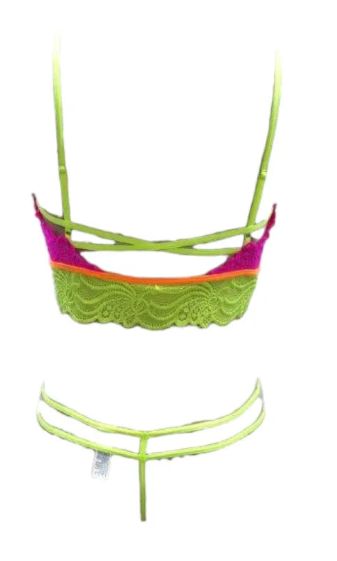 Escante Festival Wear Strappy Lace Top & G-String Neon Pink & Yellow