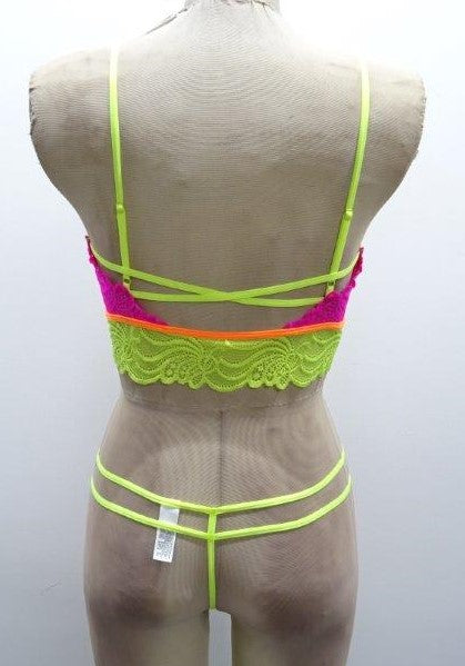 Escante Festival Wear Strappy Lace Top & G-String Neon Pink & Yellow