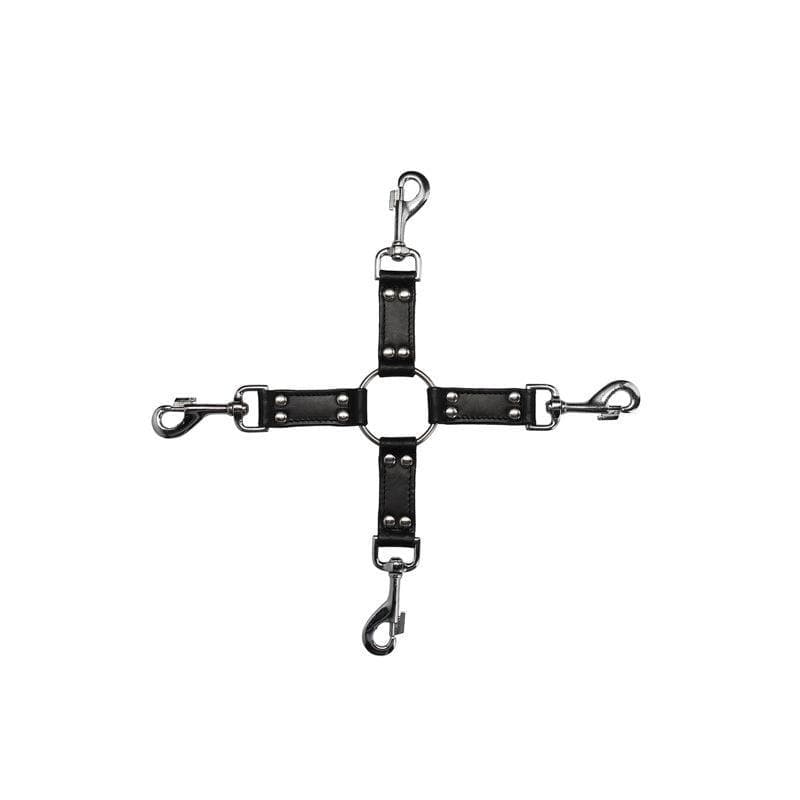 Shots Ouch! Saddle Leather 4-Way Hogtie Cross Black - Romantic Blessings