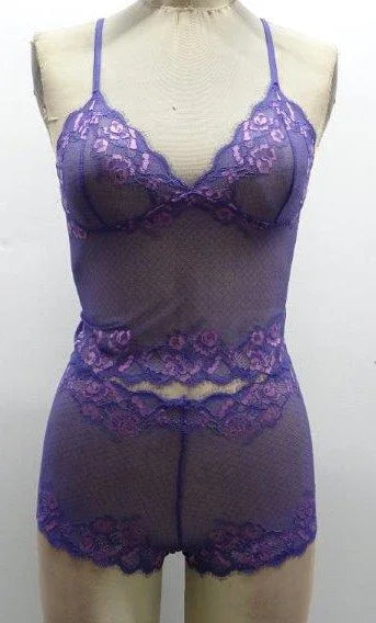 Escante Two Tone Lace Long Line Cami and Boyshort Set Purple/Pink