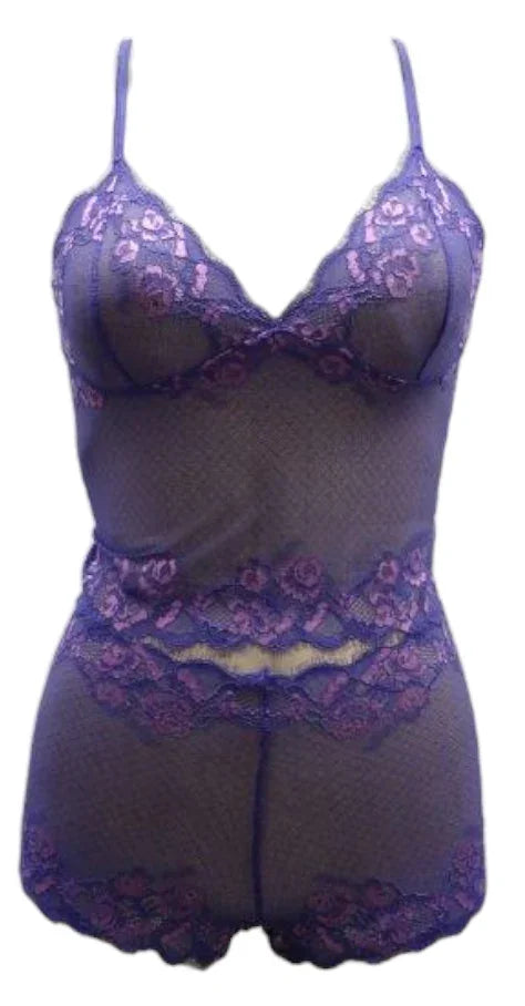 Escante Two Tone Lace Long Line Cami and Boyshort Set Purple/Pink