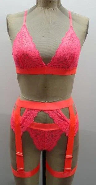 Escante Neon Bralette with Matching Leg Garter & Thong 3 Piece Set Neon Coral