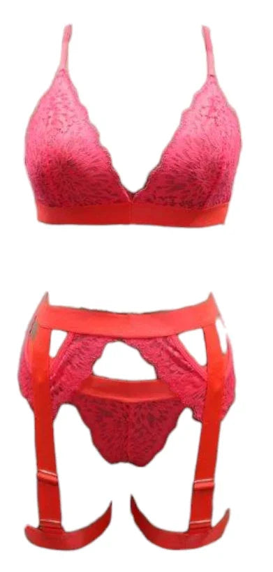 Escante Neon Bralette with Matching Leg Garter & Thong 3 Piece Set Neon Coral