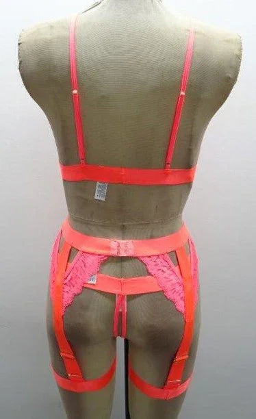 Escante Neon Bralette with Matching Leg Garter & Thong 3 Piece Set Neon Coral
