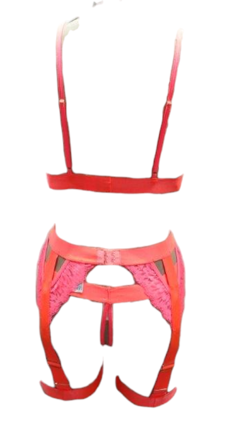 Escante Neon Bralette with Matching Leg Garter & Thong 3 Piece Set Neon Coral