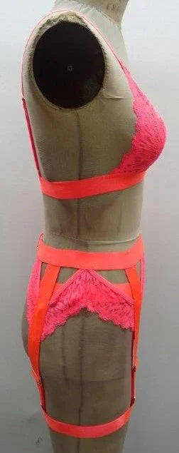 Escante Neon Bralette with Matching Leg Garter & Thong 3 Piece Set Neon Coral