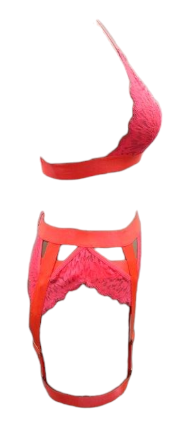 Escante Neon Bralette with Matching Leg Garter & Thong 3 Piece Set Neon Coral