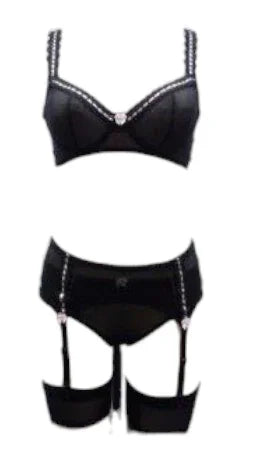 Escante Ribbon Strap Underwire Bra, Panty & Garterbelt Set Black/Pink