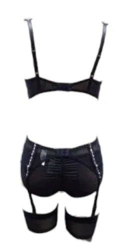 Escante Ribbon Strap Underwire Bra, Panty & Garterbelt Set Black/Pink