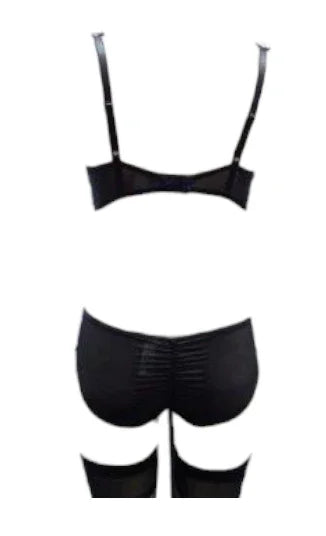 Escante Ribbon Strap Underwire Bra, Panty & Garterbelt Set Black/Pink