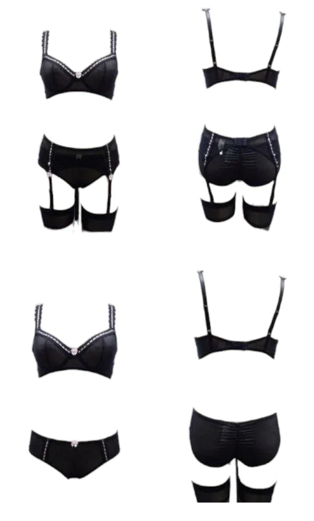 Escante Ribbon Strap Underwire Bra, Panty & Garterbelt Set Black/Pink