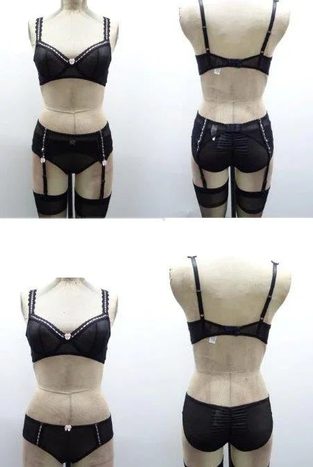 Escante Ribbon Strap Underwire Bra, Panty & Garterbelt Set Black/Pink
