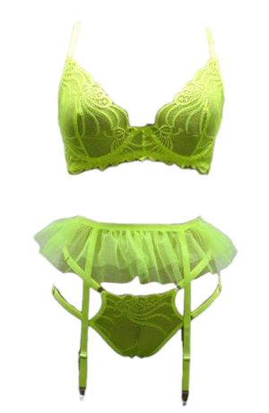 Escante Lace Underwire Bra w/Double Tulle Garter Skirt & Double Elastic Panty Neon Lime