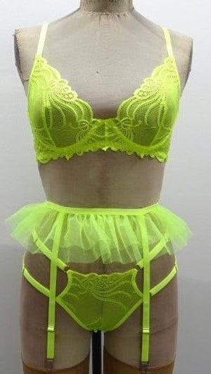 Escante Lace Underwire Bra w/Double Tulle Garter Skirt & Double Elastic Panty Neon Lime