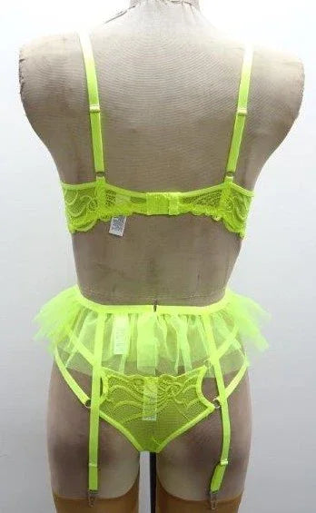 Escante Lace Underwire Bra w/Double Tulle Garter Skirt & Double Elastic Panty Neon Lime
