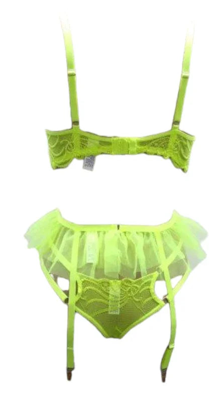 Escante Lace Underwire Bra w/Double Tulle Garter Skirt & Double Elastic Panty Neon Lime