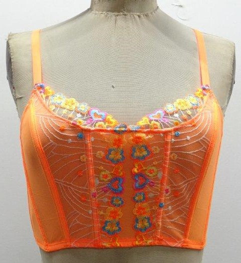 Escante Neon Floral Embroidery Corset Top & G-String Electric Orange