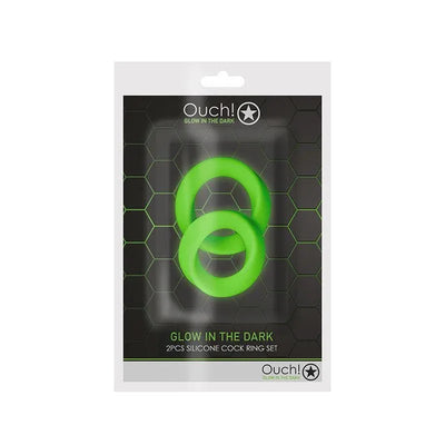 Shots Ouch! Glow in the Dark 2-Piece Silicone Penis Ring Set Neon Green - Romantic Blessings