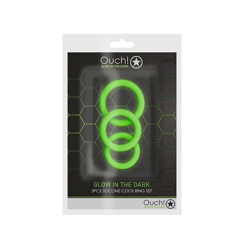 Shots Ouch! Glow in the Dark 3-Piece Silicone Penis Ring Set Neon Green - Romantic Blessings