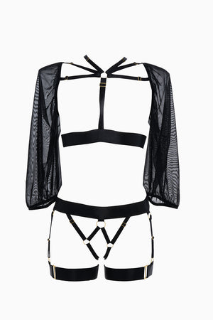 Allure Adore Ibiza Babe Strappy Open Front Bodice w/Mesh Sleeves & Open Gartered Panty Black One Size