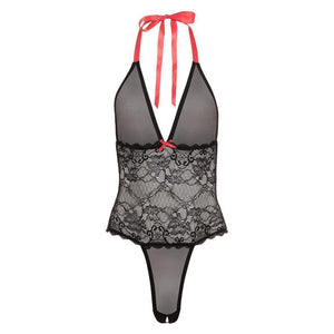 Barely Bare V Plunge Lace and Mesh Teddy Black One Size - Romantic Blessings
