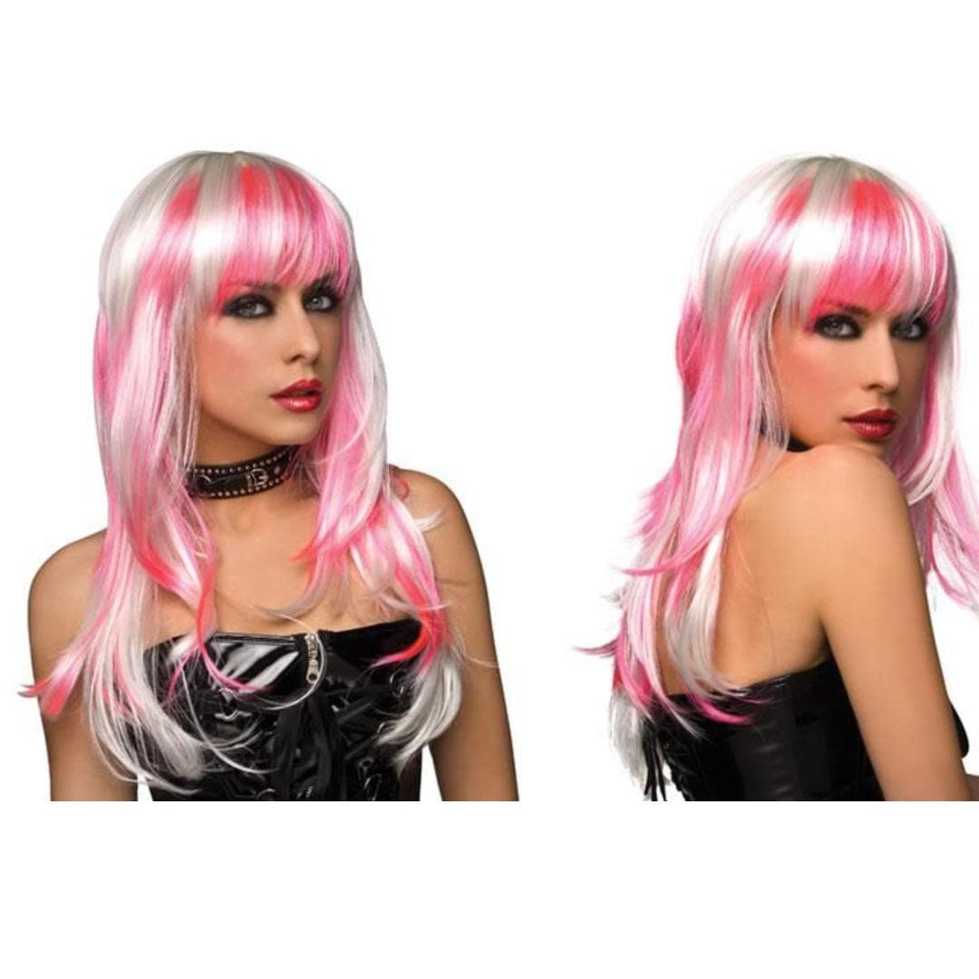 Pleasure Wigs Courtney Long Hair with Curls at the End Banged Wig White/Hot Pink - Romantic Blessings