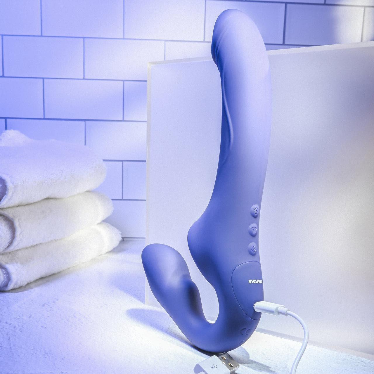 Evolved 2 Become 1 Remote Control Rechargeable Suction Strapless Strap-On Purple - Romantic Blessings