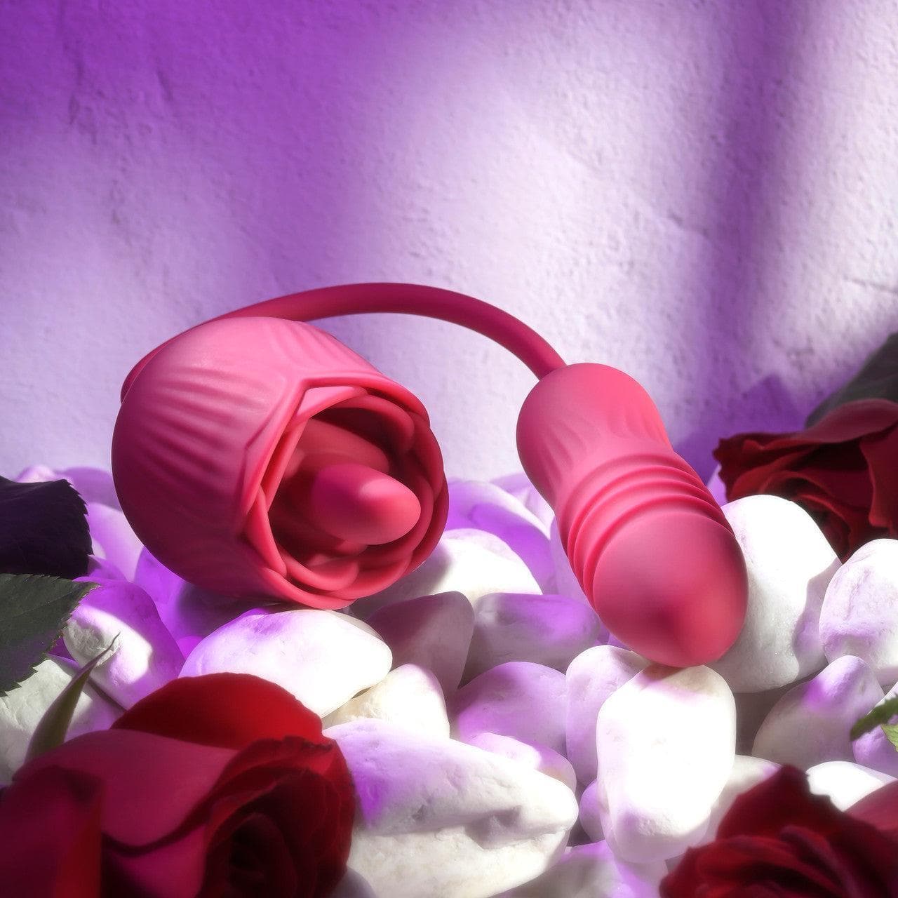 Evolved Wild Rose Rechargeable Dual-Ended Silicone Thrusting Egg & Flicking  Tongue Vibrator Red